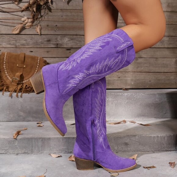 ⚡Women's Purple Solid Color Suede Embroidered Side Zipper High Heeled Boots - Picture 4 of 7